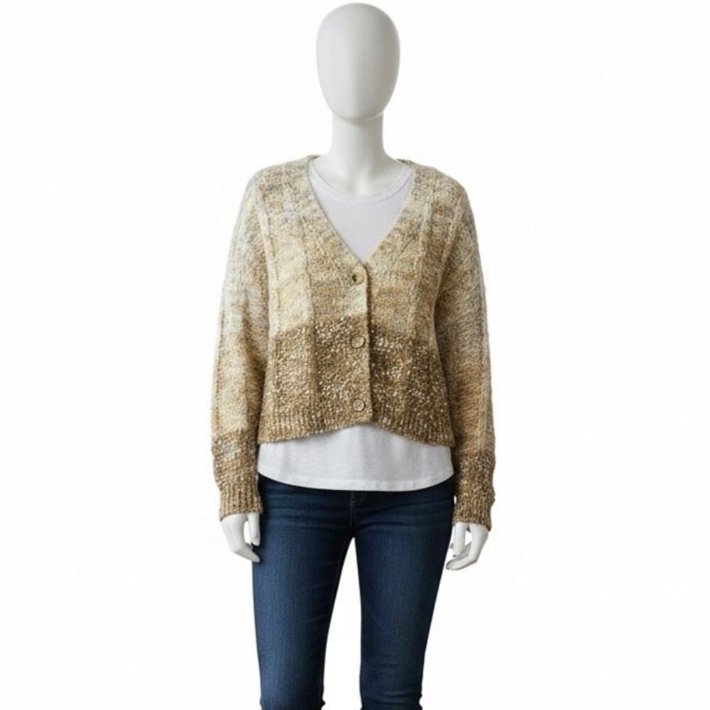 Elan Cardigan Sweater S/P Cropped Popcorn Knit V-Neck Button Front Ombré Brown